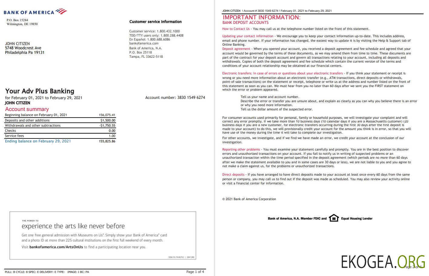 Modèle de relevé bancaire USA Bank of America au format Excel et PDF (4 pages), version 3